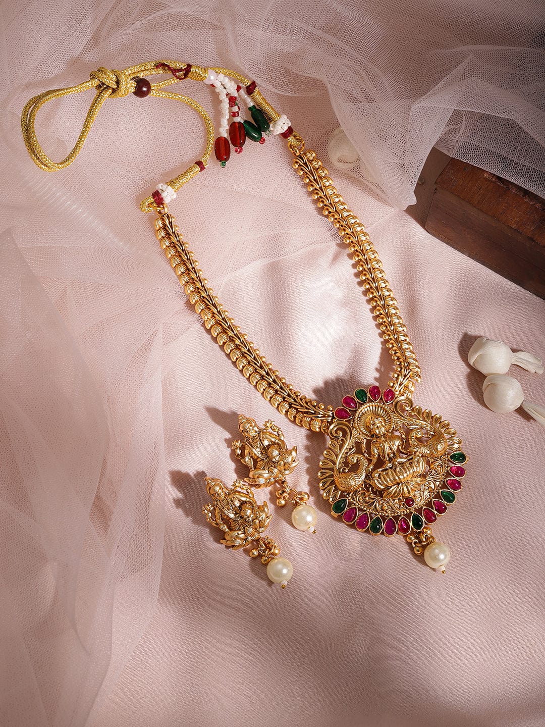 Rubans 22KT Gold Plated Red & Green Stone Studded Lakshmi Motif Temple Necklace Set Jewellery Set