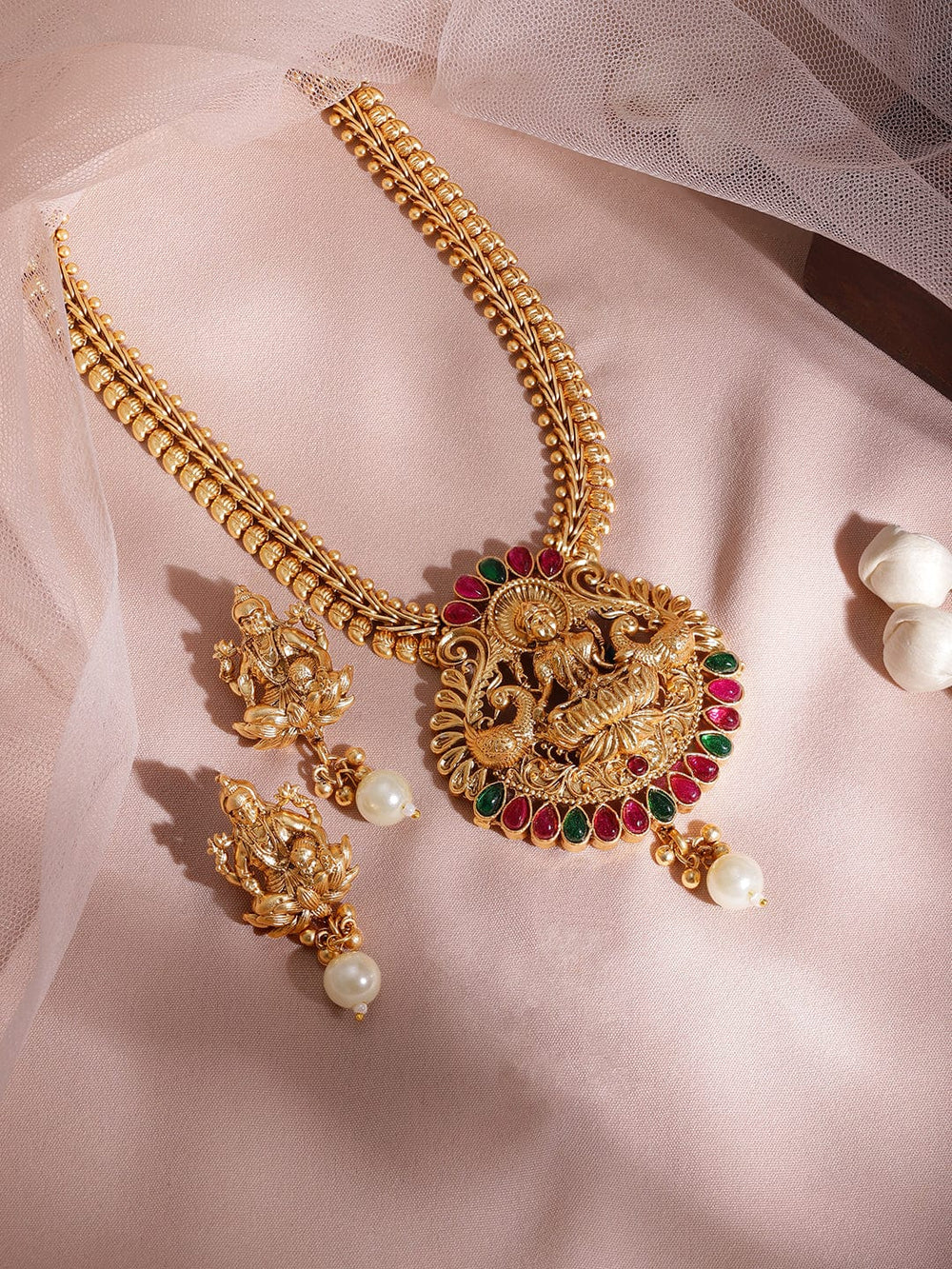 Rubans 22KT Gold Plated Red & Green Stone Studded Lakshmi Motif Temple Necklace Set Jewellery Set