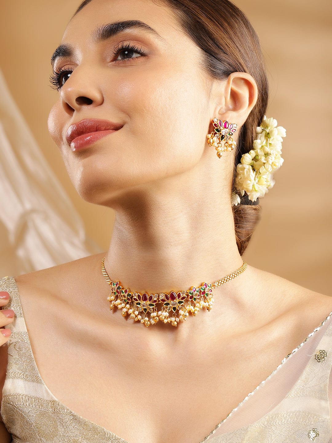 Rubans 22KT Gold-Plated Ruby & Emerald-Studded Pearl-Beaded Choker Set Jewellery Set