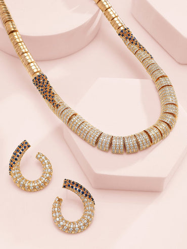Rubans 24K Gold Plated AAA Cubic Zirconia Studded Statement Necklace Set with Midnight Blue Detail Jewellery Set