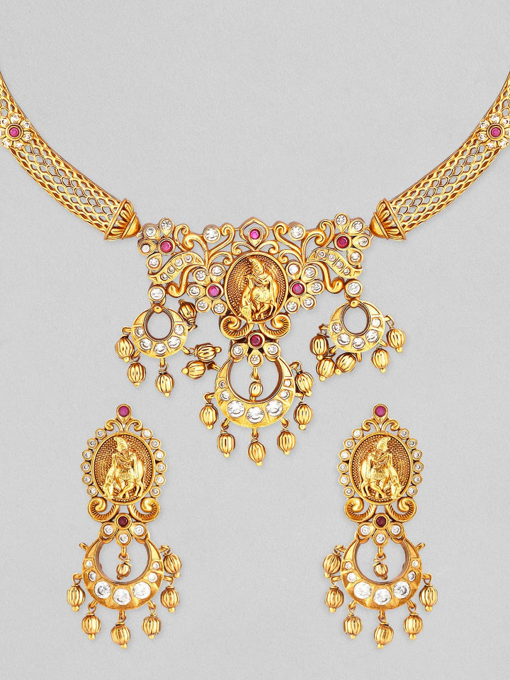 Rubans 24K Gold plated AD studded Temple necklace set. Necklace Set