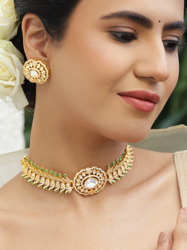 Rubans 24K Gold-Plated Brass Kundan & Cubic Zirconia Green Stone Choker Necklace Set Necklace Set