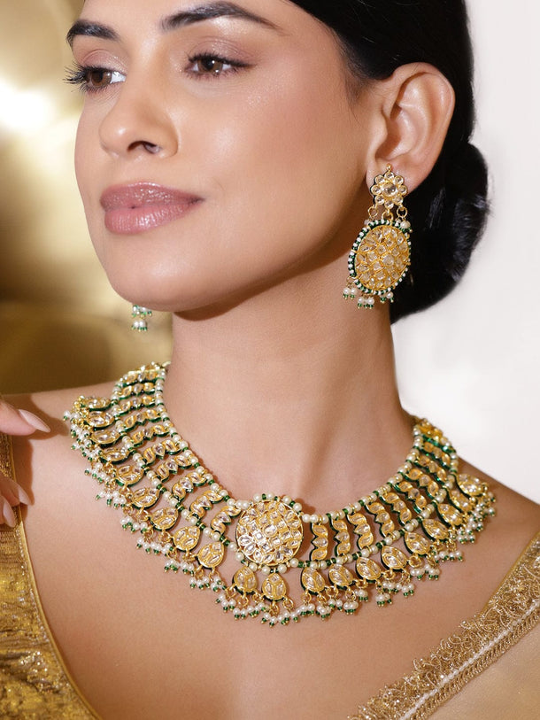 Rubans 24K Gold-Plated Brass White Kundan & Green & White Pearls Beaded Handcrafted Necklace Set Jewellery Set