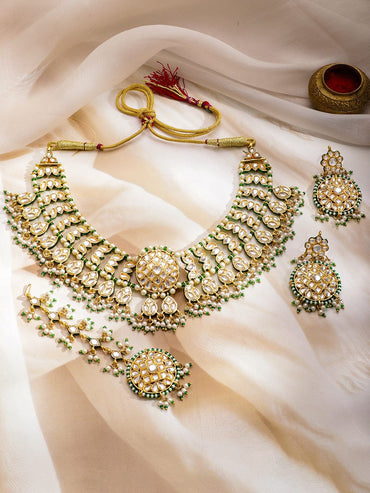 Rubans 24K Gold-Plated Brass White Kundan & Green & White Pearls Beaded Handcrafted Necklace Set Jewellery Set