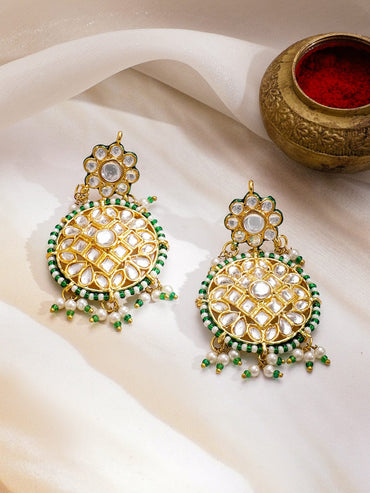 Rubans 24K Gold-Plated Brass White Kundan & Green & White Pearls Beaded Handcrafted Necklace Set Jewellery Set