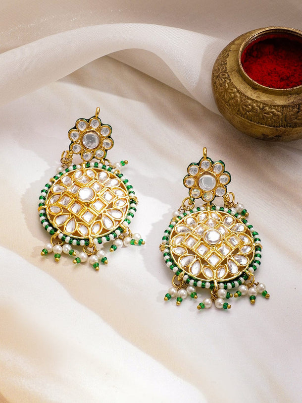 Rubans 24K Gold-Plated Brass White Kundan & Green & White Pearls Beaded Handcrafted Necklace Set Jewellery Set