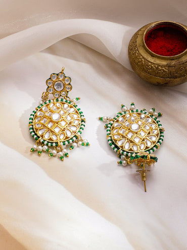 Rubans 24K Gold-Plated Brass White Kundan & Green & White Pearls Beaded Handcrafted Necklace Set Jewellery Set