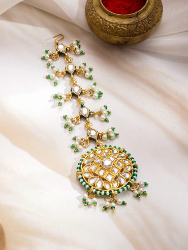 Rubans 24K Gold-Plated Brass White Kundan & Green & White Pearls Beaded Handcrafted Necklace Set Jewellery Set
