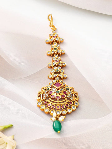 Rubans 24K Gold-Plated Bridal Maang Tikka with Ruby, Emerald, and Pearl Detailing Head Jewellery