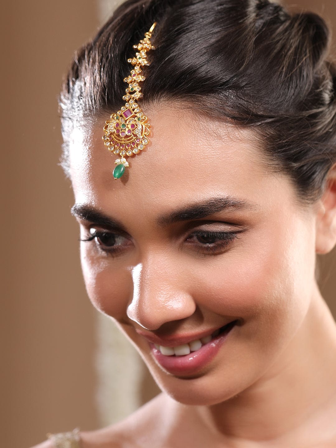 Rubans 24K Gold-Plated Bridal Maang Tikka with Ruby, Emerald, and Pearl Detailing Maang Tikka