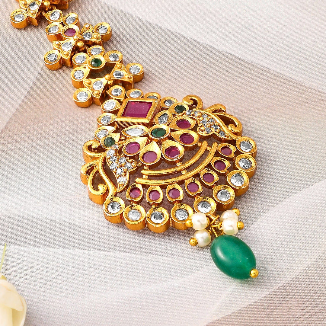 Rubans 24K Gold-Plated Bridal Maang Tikka with Ruby, Emerald, and Pearl Detailing Maang Tikka