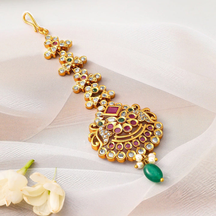 Rubans 24K Gold-Plated Bridal Maang Tikka with Ruby, Emerald, and Pearl Detailing Maang Tikka