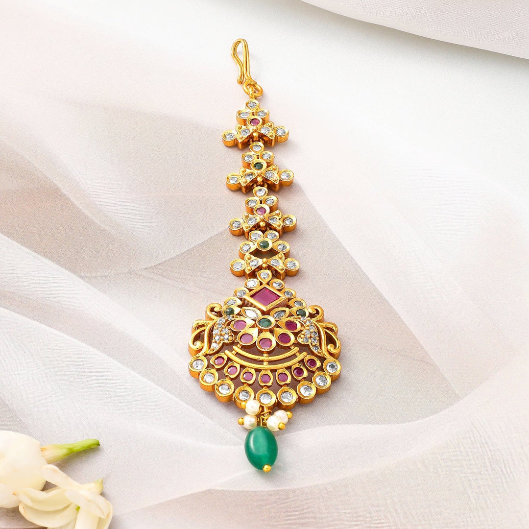 Rubans 24K Gold-Plated Bridal Maang Tikka with Ruby, Emerald, and Pearl Detailing Maang Tikka