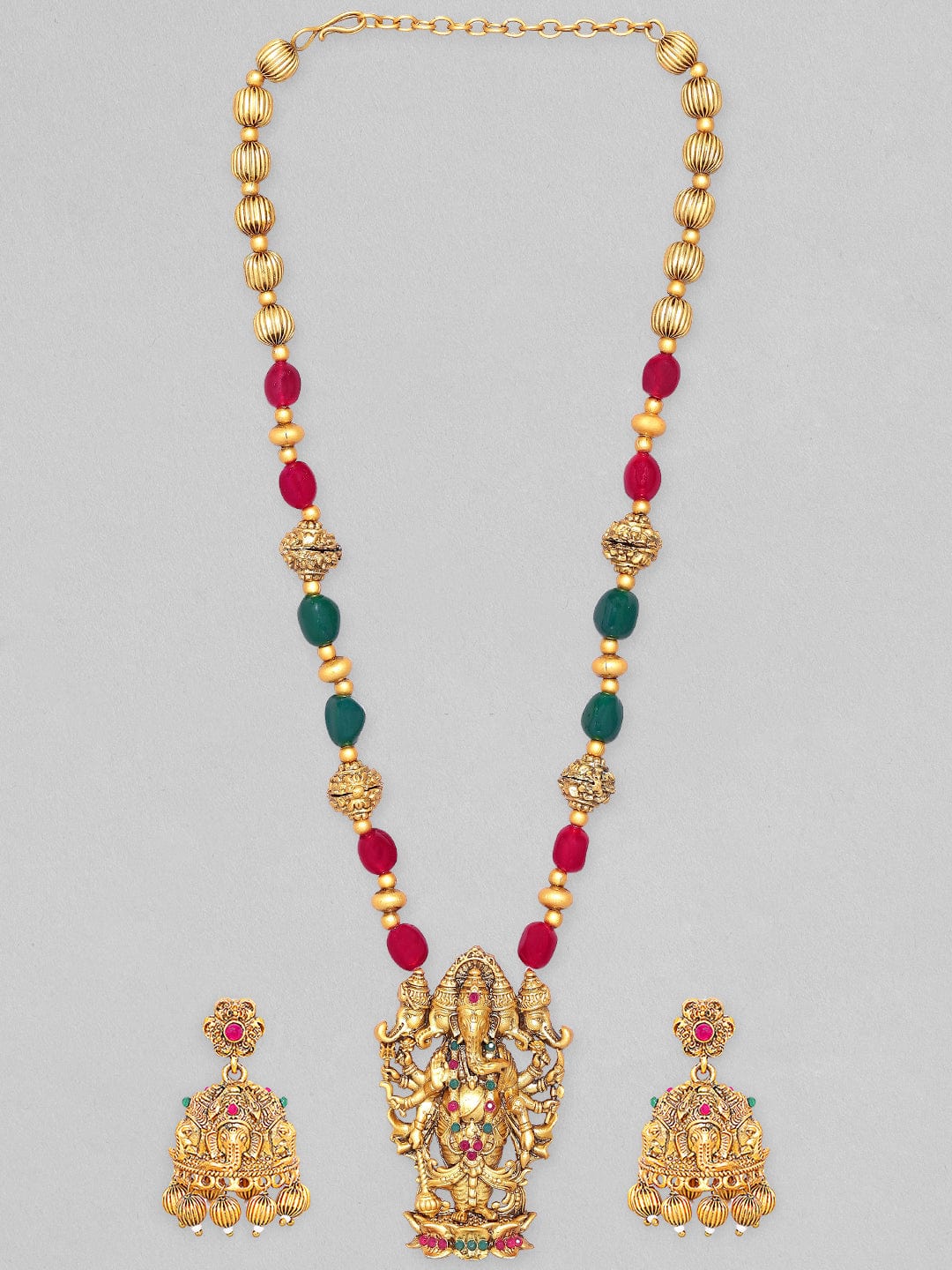 Real Freshwater Pearl, Oval Emerald & Goldplated Pipe & Beads Single Line  Necklace & Earrings Set for Women (SN1074)