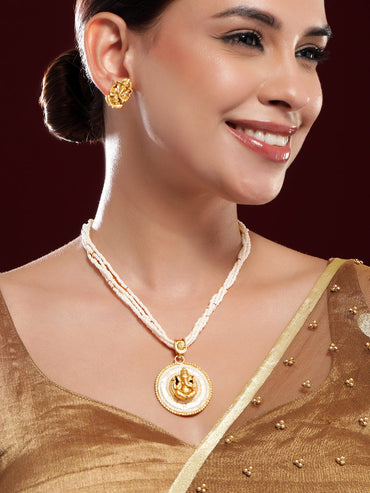 Rubans 24K Gold-Plated Divine Ganesh Motif Pearl Studded & Beaded MultiStrand Necklace Set Necklace Set