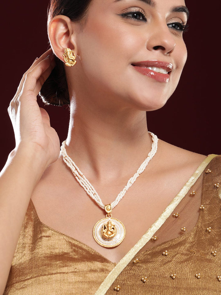 Rubans 24K Gold-Plated Divine Ganesh Motif Pearl Studded & Beaded MultiStrand Necklace Set Necklace Set