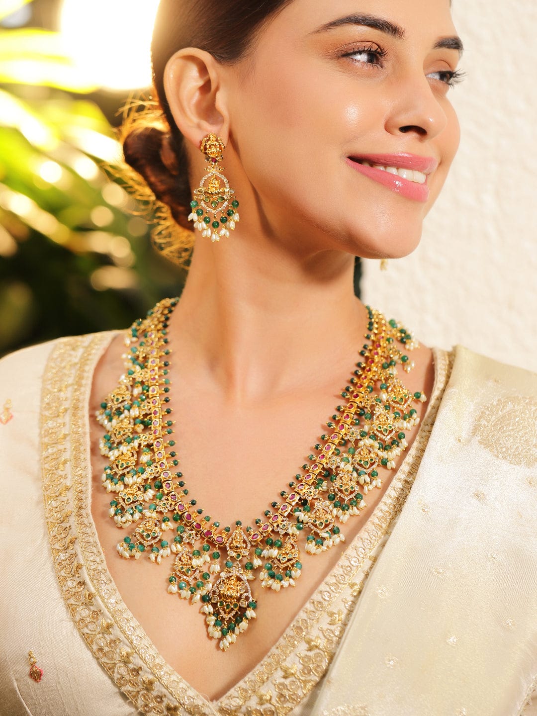 Rubans 24K Gold-Plated Divine Lakshmi Temple Necklace Set with Green Stones, Pearls & Beads Necklaces, Necklace Sets, Chains & Mangalsutra