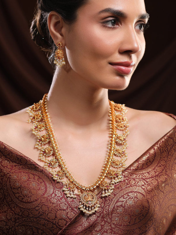 Rubans 24K Gold-Plated Divine Lakshmi Temple Necklace Set with Ruby Stones & Pearls Jewellery Set