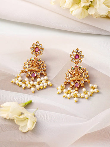 Rubans 24K Gold-Plated Divine Lakshmi Temple Necklace Set with Ruby Stones & Pearls Jewellery Set