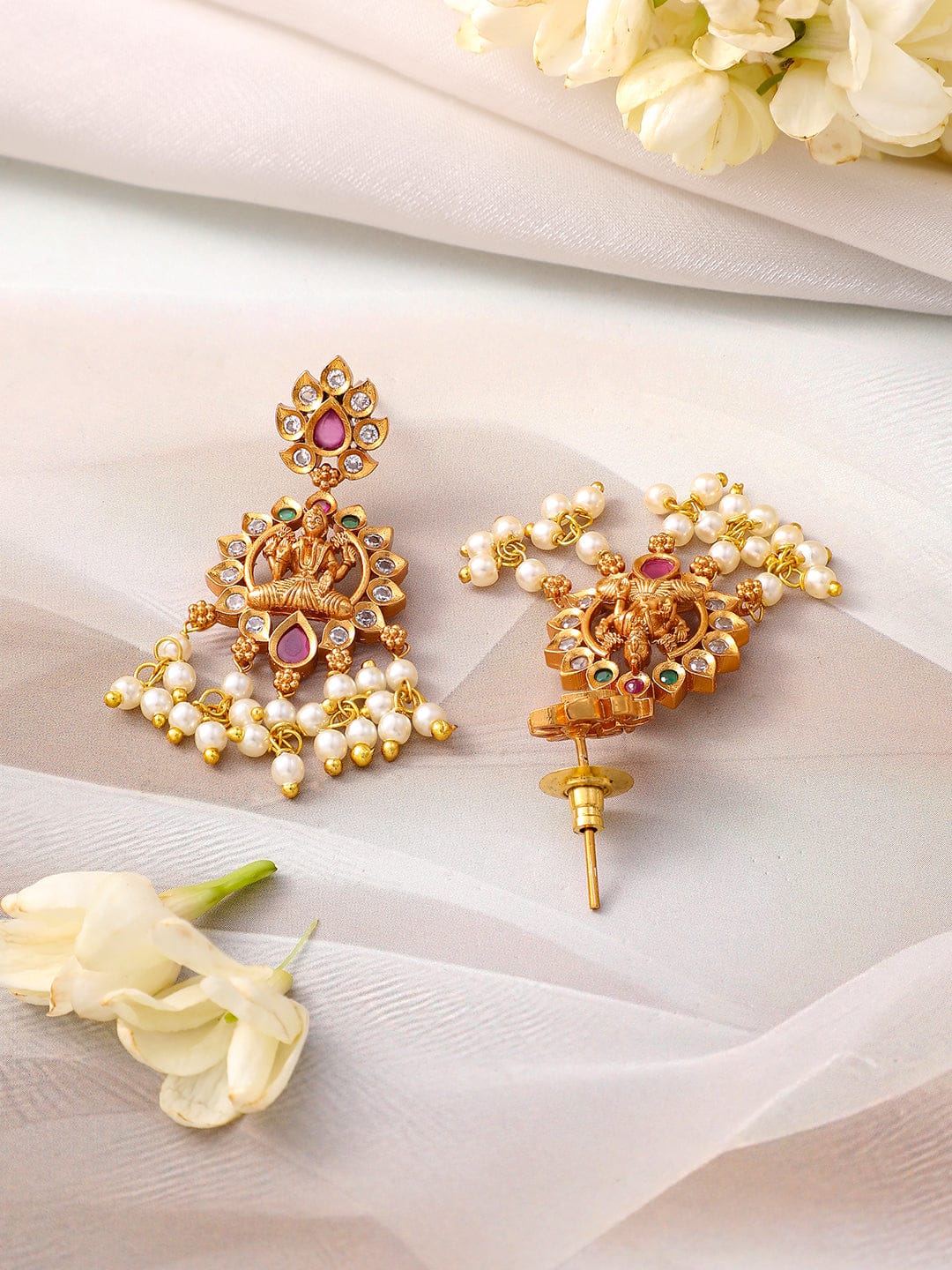 Rubans 24K Gold-Plated Divine Lakshmi Temple Necklace Set with Ruby Stones & Pearls Jewellery Set