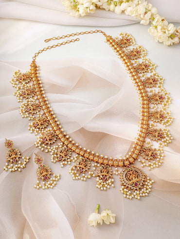 Rubans 24K Gold-Plated Divine Lakshmi Temple Necklace Set with Ruby Stones & Pearls Jewellery Set