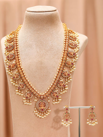 Rubans 24K Gold-Plated Divine Lakshmi Temple Necklace Set with Ruby Stones & Pearls Jewellery Set