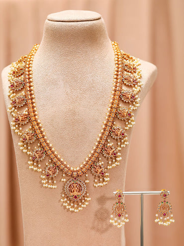Rubans 24K Gold-Plated Divine Lakshmi Temple Necklace Set with Ruby Stones & Pearls Jewellery Set
