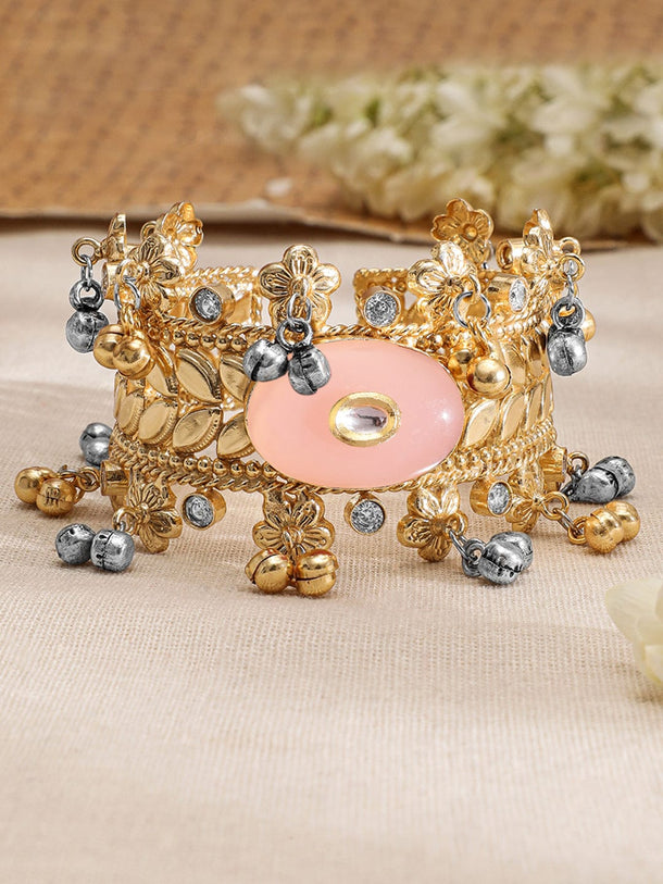 Rubans 24K Gold-Plated Dual-Tone Gold & Silver Beads Peach Stone Handcrafted Cuff Bracelet Wristwear