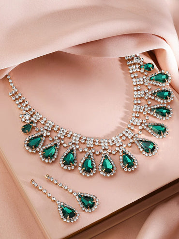 Rubans 24K Gold-Plated Emerald AD & Cubic Zirconia Studded Statement Necklace Set Jewellery Set