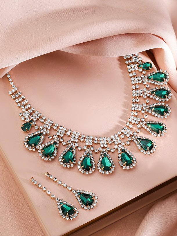 Rubans 24K Gold-Plated Emerald AD & Cubic Zirconia Studded Statement Necklace Set Jewellery Set