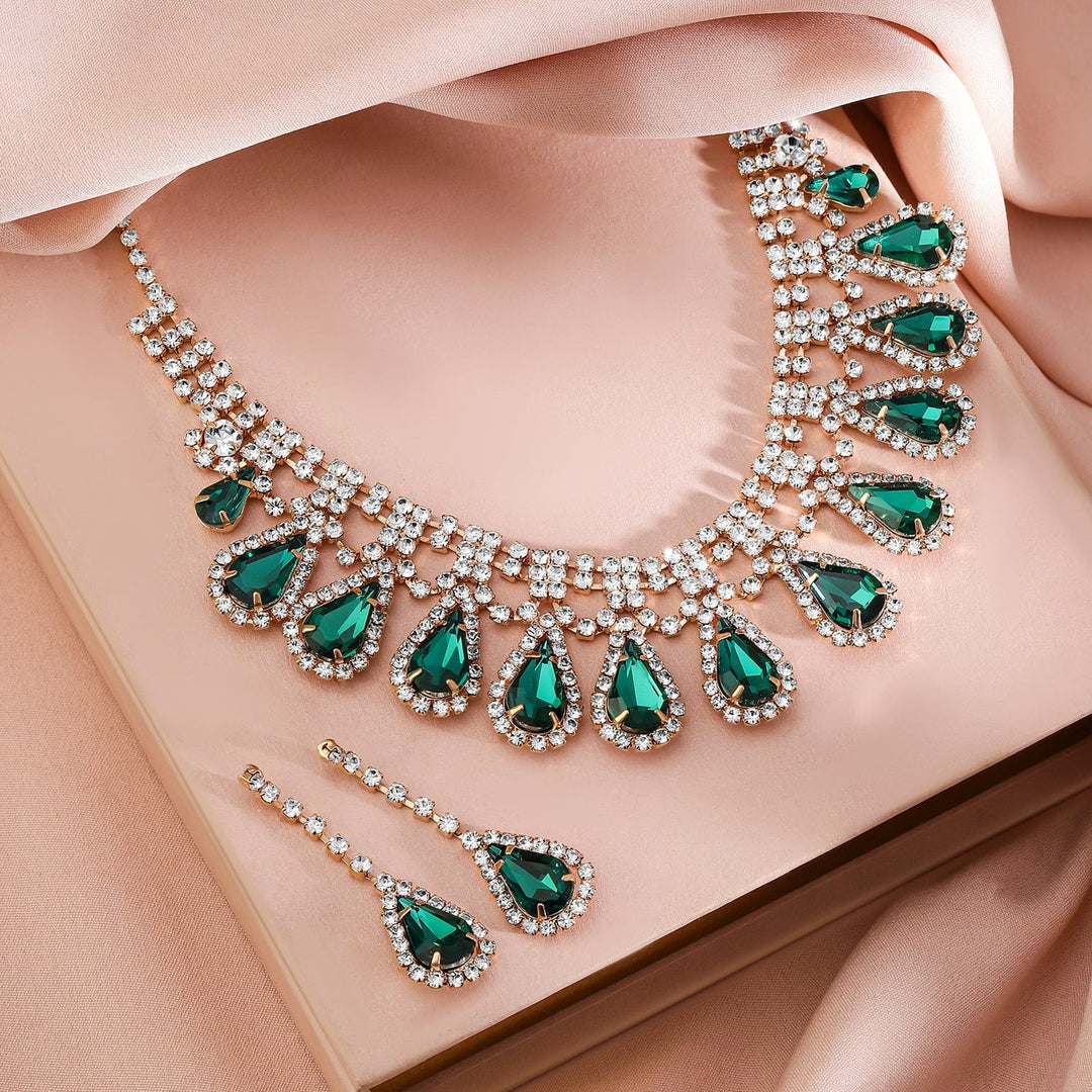 Rubans 24K Gold-Plated Emerald AD & Cubic Zirconia Studded Statement Necklace Set Necklace Set