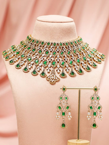 Rubans 24K Gold-Plated Emerald Green & AAA Cubic Zirconia Handcrafted Premium Jewelry Set RE14NS407698 Jewellery Set