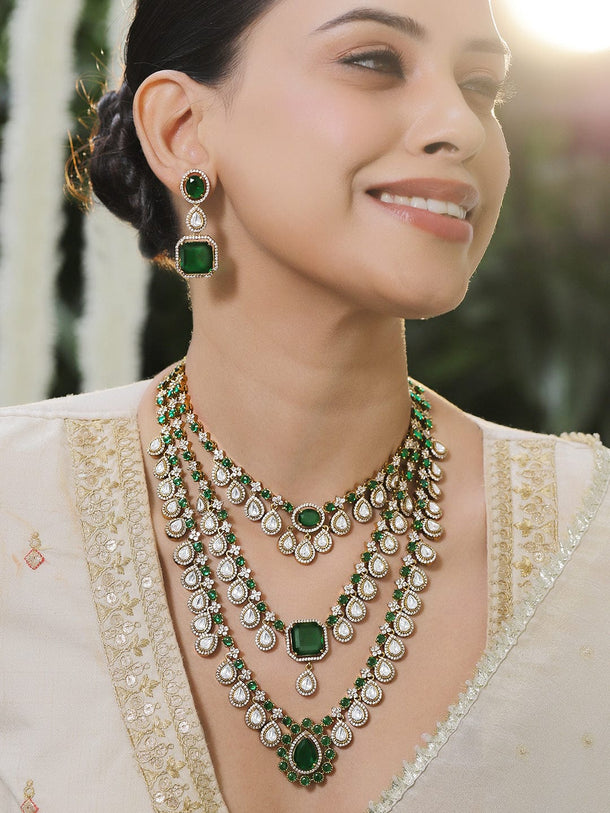 Rubans 24K Gold-Plated Emerald Green & AAA Cubic Zirconia Multi-Layer Bridal Necklace Set Jewellery Set