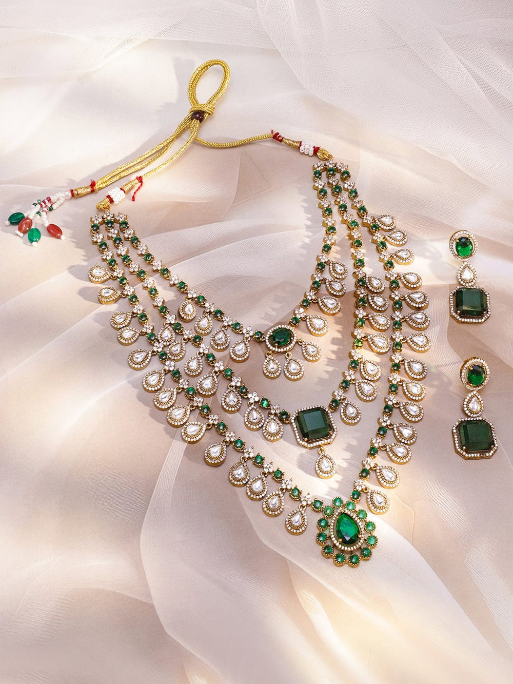 Rubans 24K Gold-Plated Emerald Green & AAA Cubic Zirconia Multi-Layer Bridal Necklace Set Jewellery Set