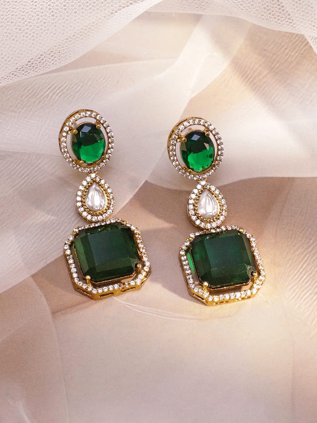 Rubans 24K Gold-Plated Emerald Green & AAA Cubic Zirconia Multi-Layer Bridal Necklace Set Jewellery Set