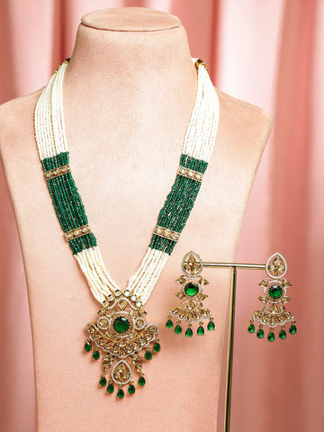 Rubans 24K Gold-Plated Emerald Green Kundan, CZ & Glossy White Pearl Multi-Strand Beaded Necklace Set Jewellery Set