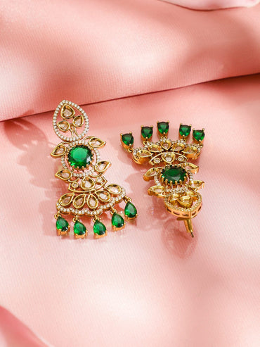 Rubans 24K Gold-Plated Emerald Green Kundan, CZ & Glossy White Pearl Multi-Strand Beaded Necklace Set Jewellery Set
