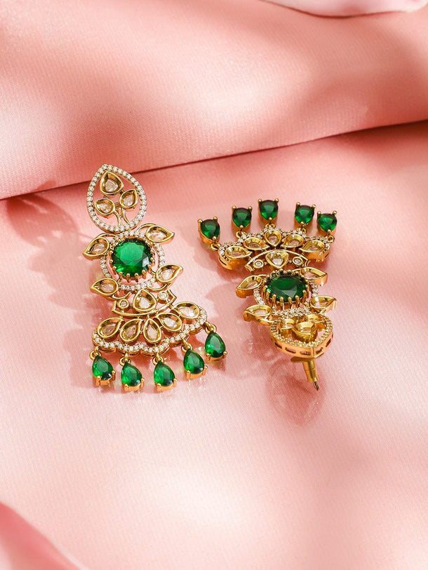 Rubans 24K Gold-Plated Emerald Green Kundan, CZ & Glossy White Pearl Multi-Strand Beaded Necklace Set Jewellery Set