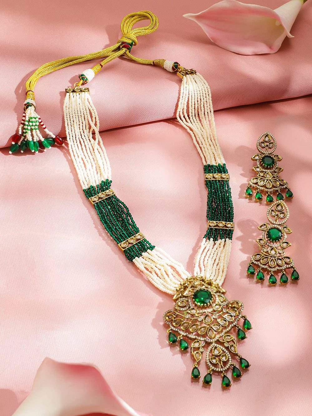 Rubans 24K Gold-Plated Emerald Green Kundan, CZ & Glossy White Pearl Multi-Strand Beaded Necklace Set Jewellery Set