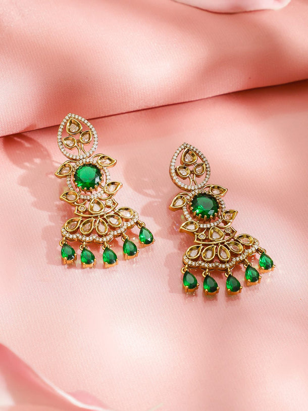 Rubans 24K Gold-Plated Emerald Green Kundan, CZ & Glossy White Pearl Multi-Strand Beaded Necklace Set Jewellery Set