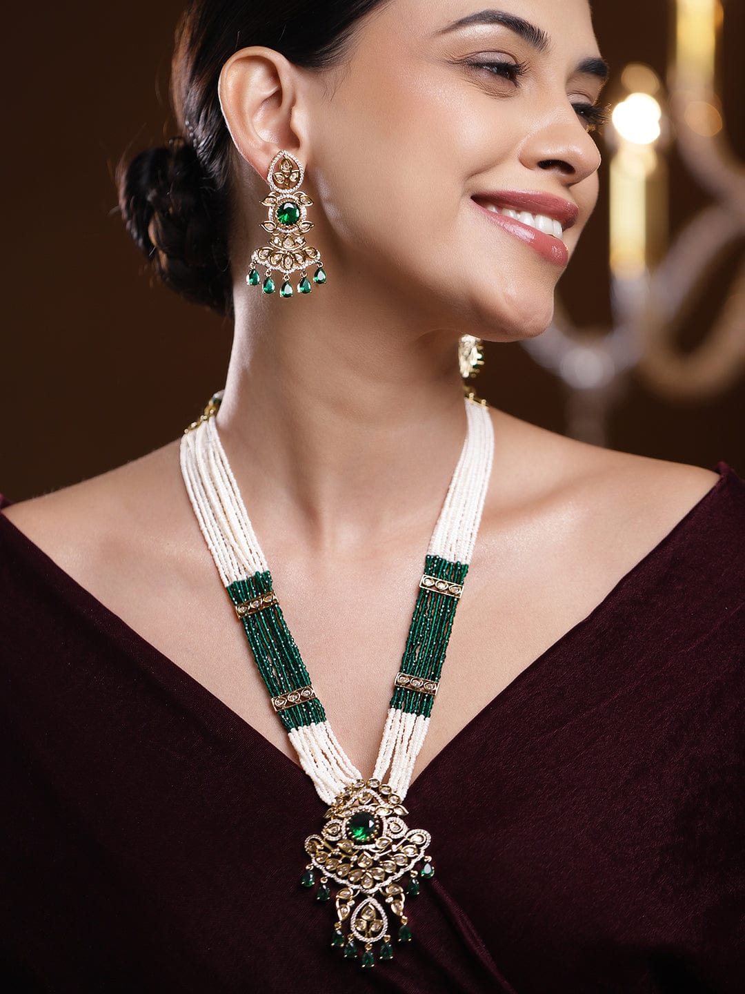 Rubans 24K Gold-Plated Emerald Green Kundan, CZ & Glossy White Pearl Multi-Strand Beaded Necklace Set Necklace Set