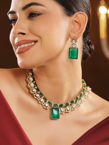 Rubans 24K Gold-Plated Emerald Green Stone & Cubic Zirconia Studded Handcrafted Luxe Statement Necklace Set with Earrings Necklace Set