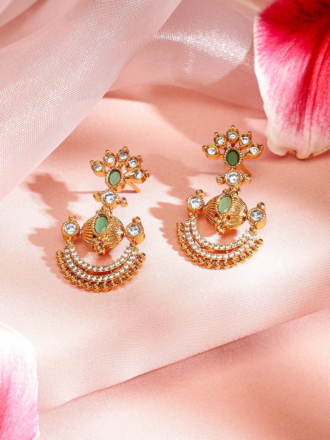 Rubans 24K Gold-Plated Emerald Green, White Cubic Zirconia & Pearl Beaded Temple Jewellery Set in Crescent Motif Design for Women Jewellery Set