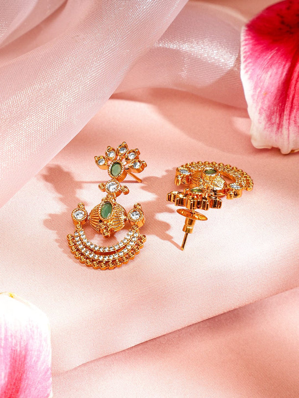 Rubans 24K Gold-Plated Emerald Green, White Cubic Zirconia & Pearl Beaded Temple Jewellery Set in Crescent Motif Design for Women Jewellery Set