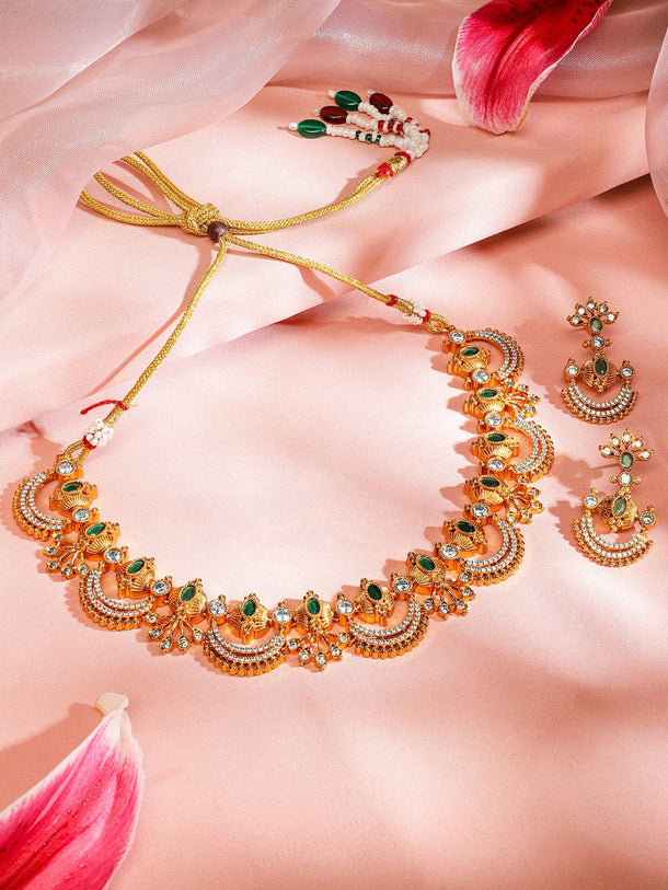 Rubans 24K Gold-Plated Emerald Green, White Cubic Zirconia & Pearl Beaded Temple Jewellery Set in Crescent Motif Design for Women Jewellery Set