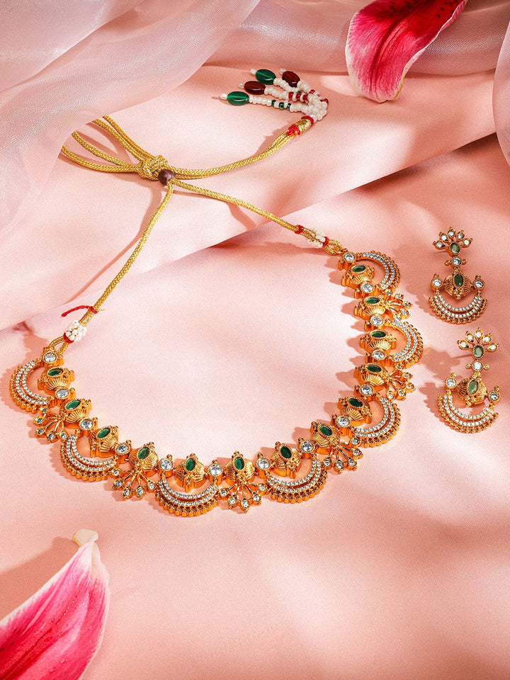 Rubans 24K Gold-Plated Emerald Green, White Cubic Zirconia & Pearl Beaded Temple Jewellery Set in Crescent Motif Design for Women Jewellery Set