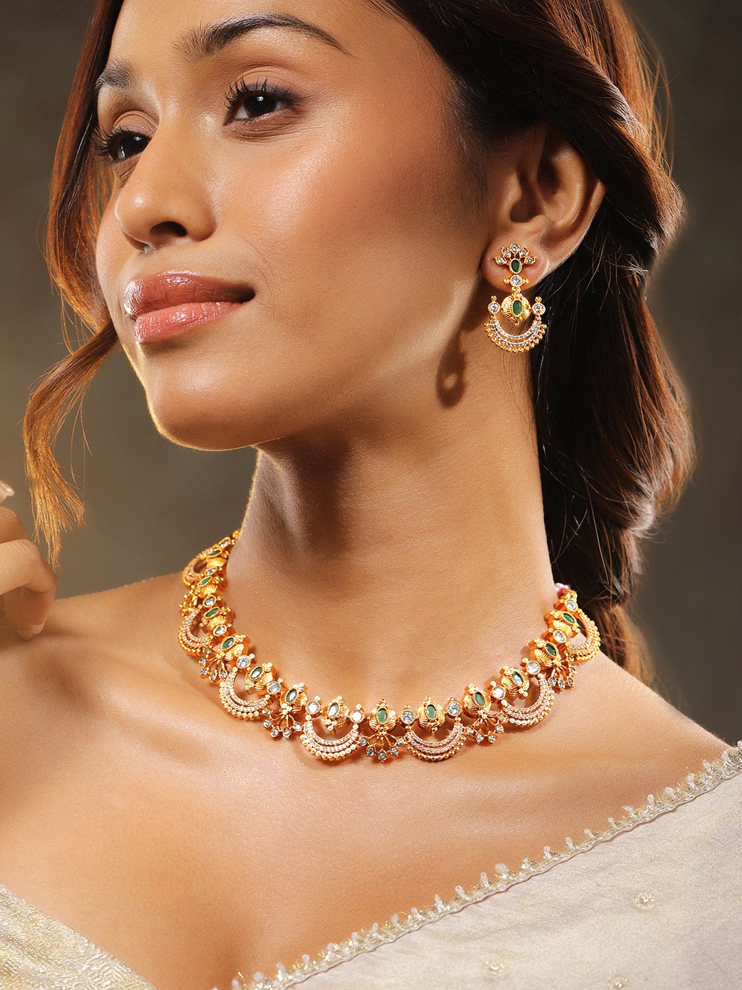 Rubans 24K Gold-Plated Emerald Green, White Cubic Zirconia & Pearl Beaded Temple Jewellery Set in Crescent Motif Design for Women Jewellery Set