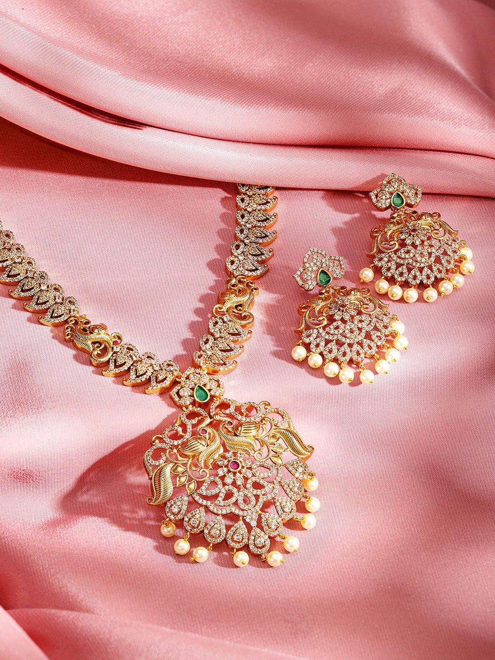 Rubans 24K Gold-Plated Emerald, Ruby & Cubic Zirconia Studded Pearl Drop Jewelry Set Jewellery Set