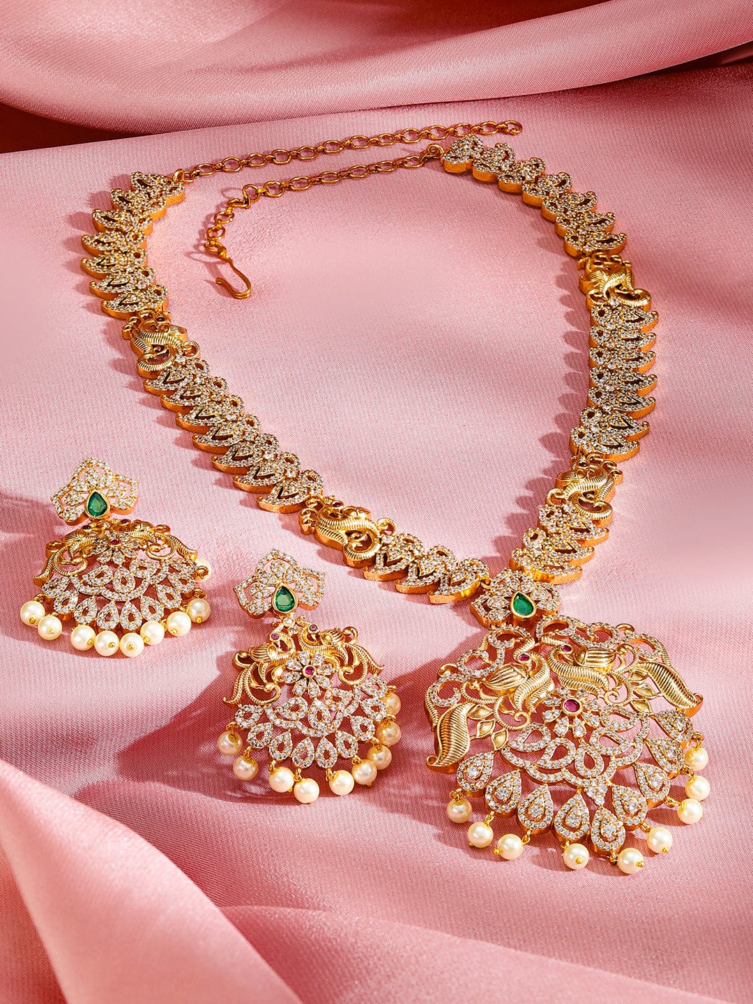 Rubans 24K Gold-Plated Emerald, Ruby & Cubic Zirconia Studded Pearl Drop Jewelry Set Jewellery Set
