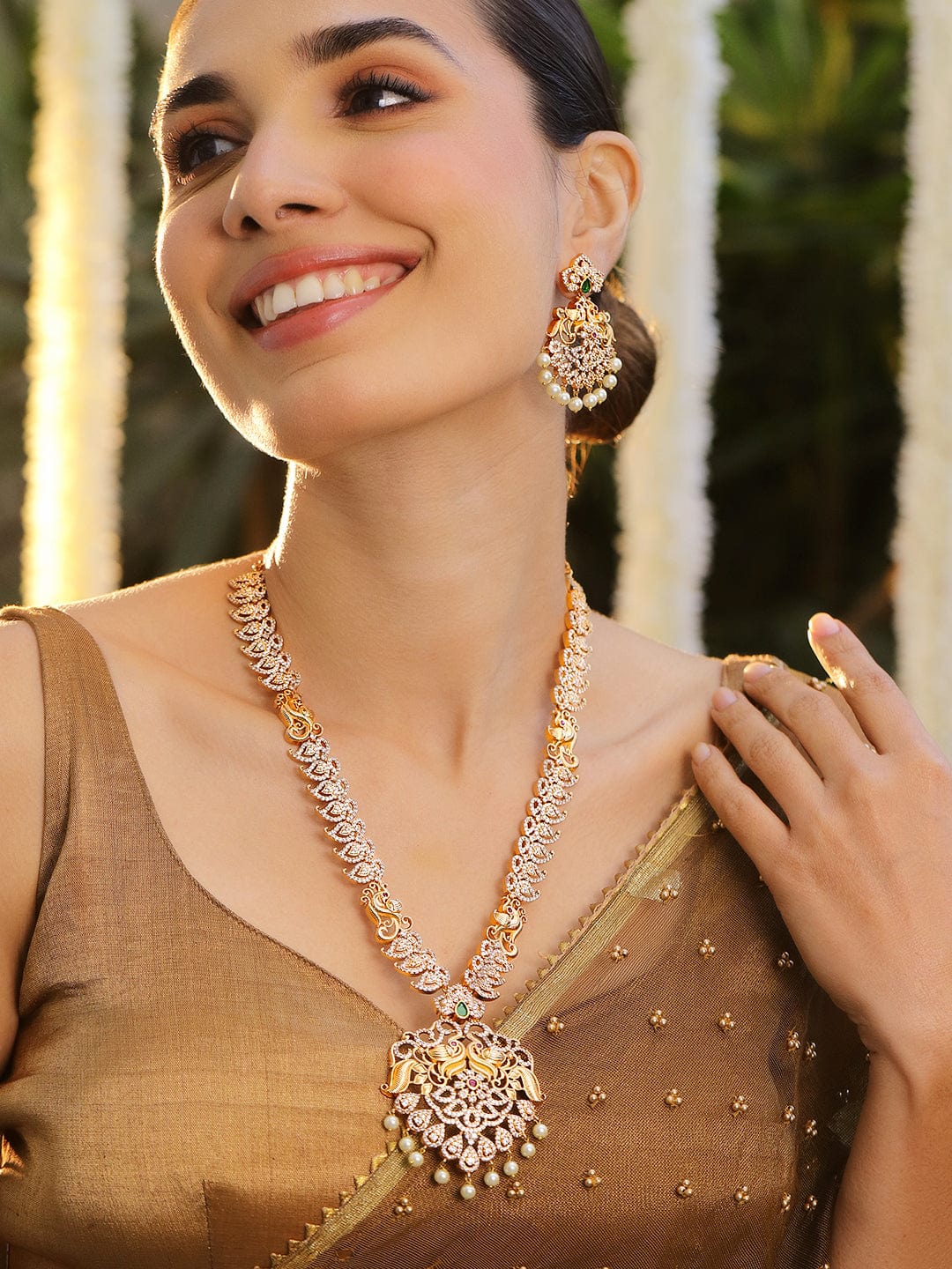 Rubans 24K Gold-Plated Emerald, Ruby & Cubic Zirconia Studded Pearl Drop Jewelry Set Necklace set